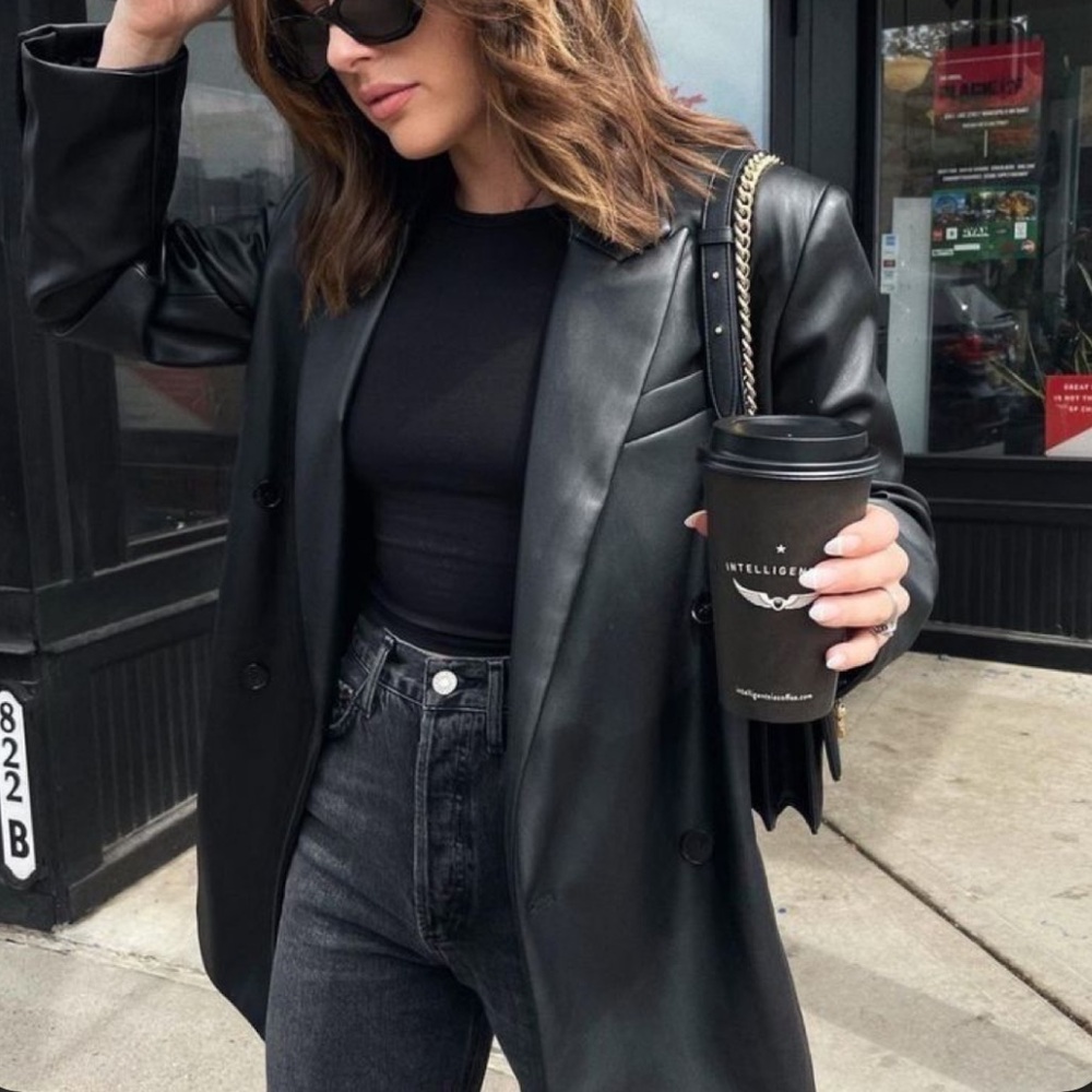 vintage Black genuine Leather Jacket with Collar